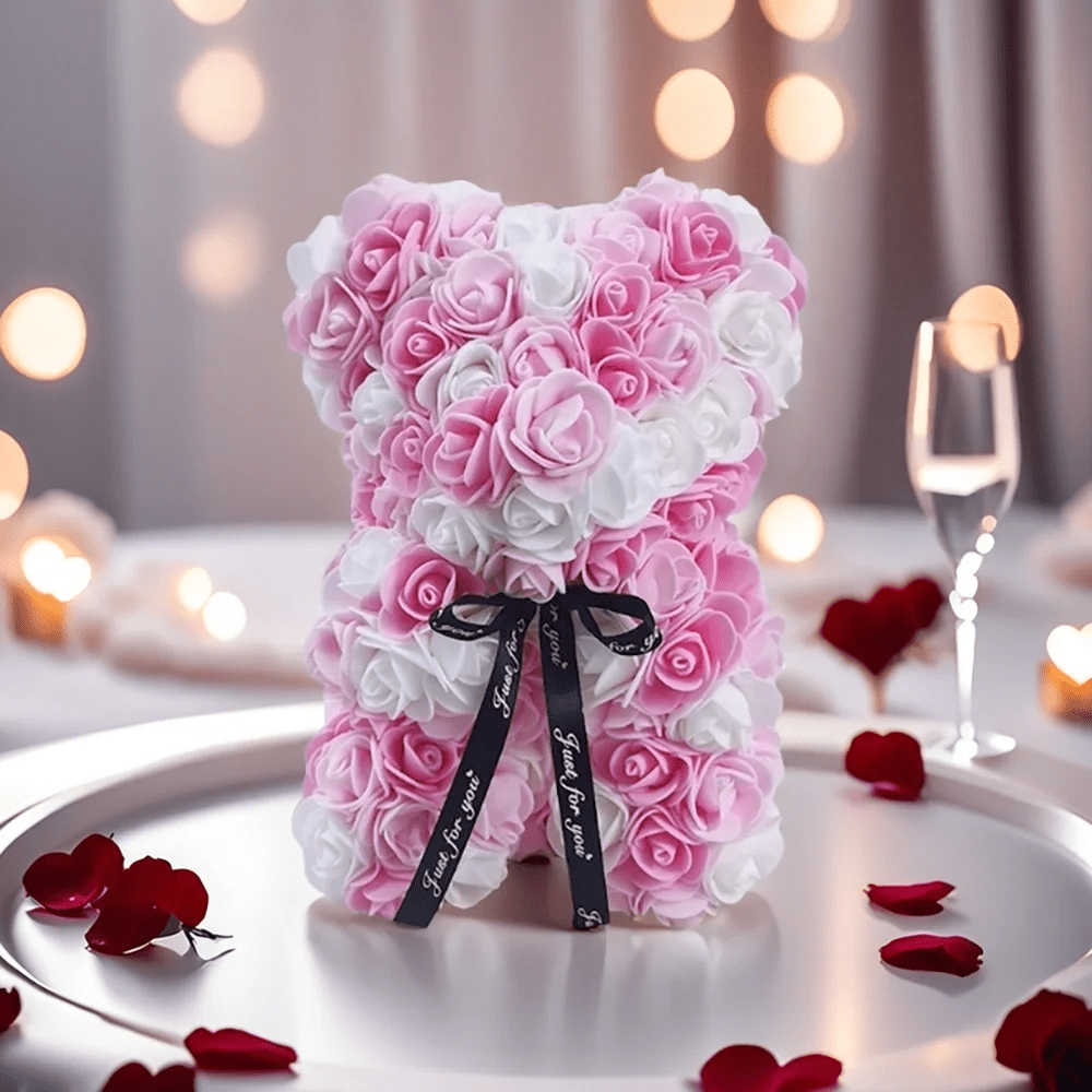 Rosen-Teddybär in Pink &amp; Weiß – 23 cm großes handgemachtes Geschenk | Diamanta Bloom Bear™